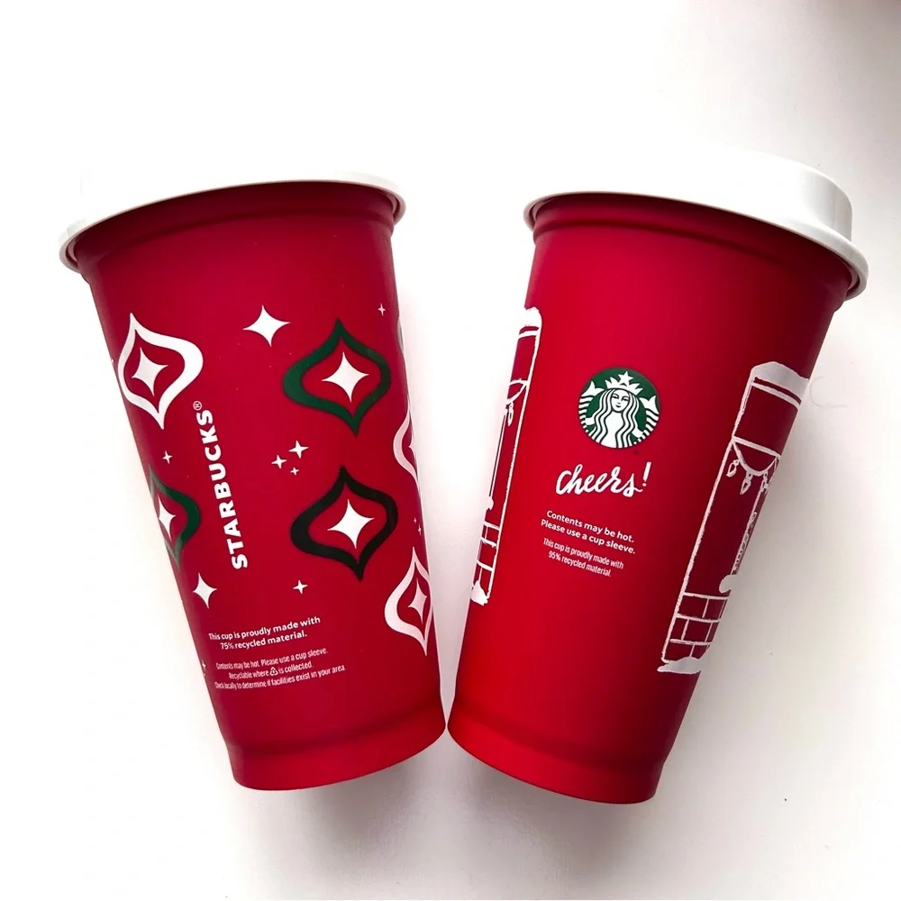Set of 2 New Starbucks Reusable Red Holiday Christmas Plastic Cups w/ Lids